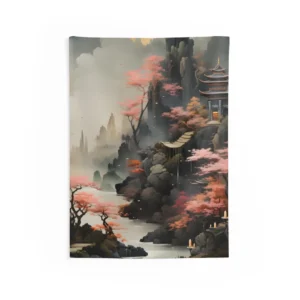 Misty Mountain Pagoda Landscape Wall Tapestry