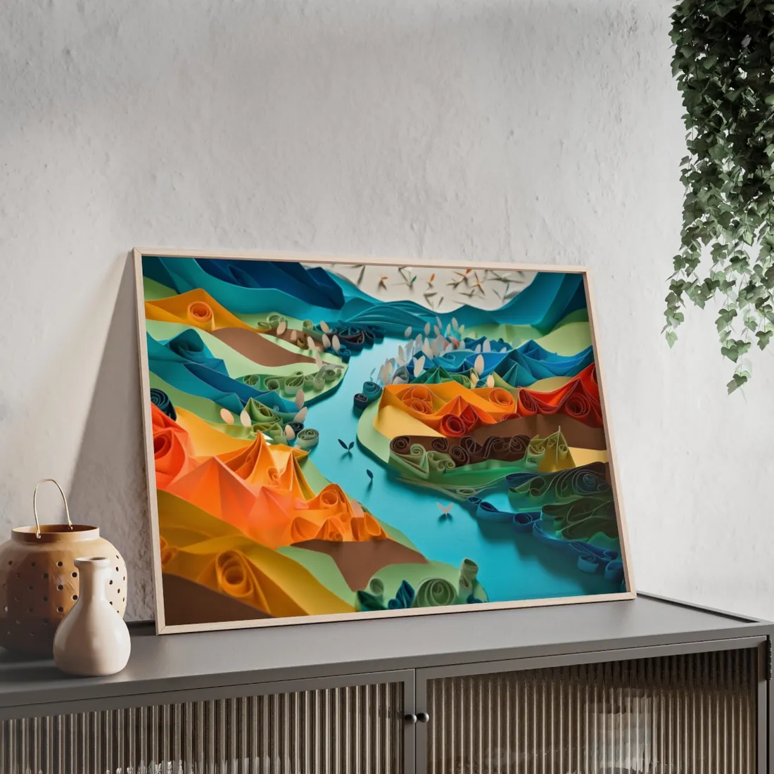 Vibrant Magical Beach: Colorful Paper Quilling - Framed Poster