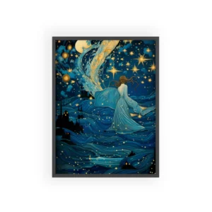 Woman in Starry Blue Sea Framed Poster