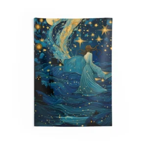Woman in Starry Blue Sea Wall Tapestry