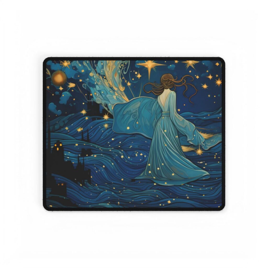 Vibrant Medieval Stained Glass Window: Iconic Figure in Geometric Patterns - Desk Mat
