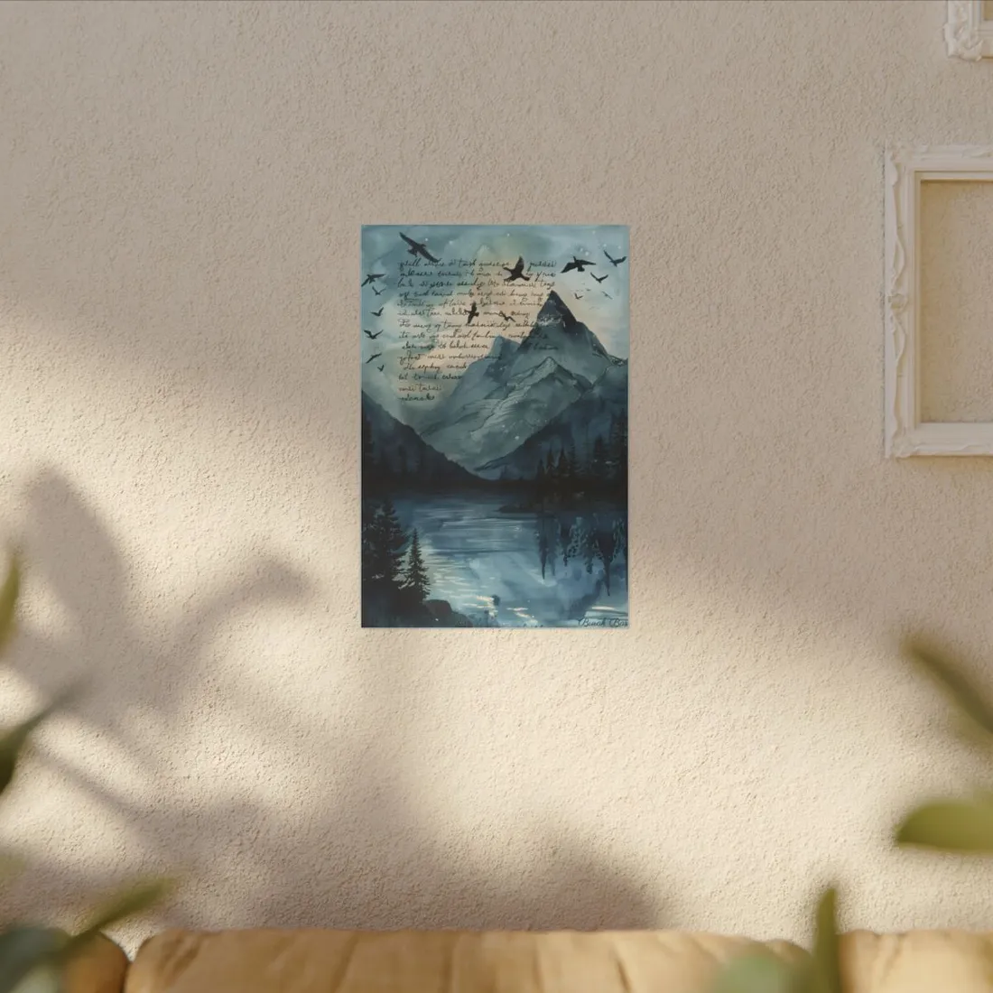 Vibrant Mountain Landscape: Birds in Flight Over Serene Lake - Canvas
