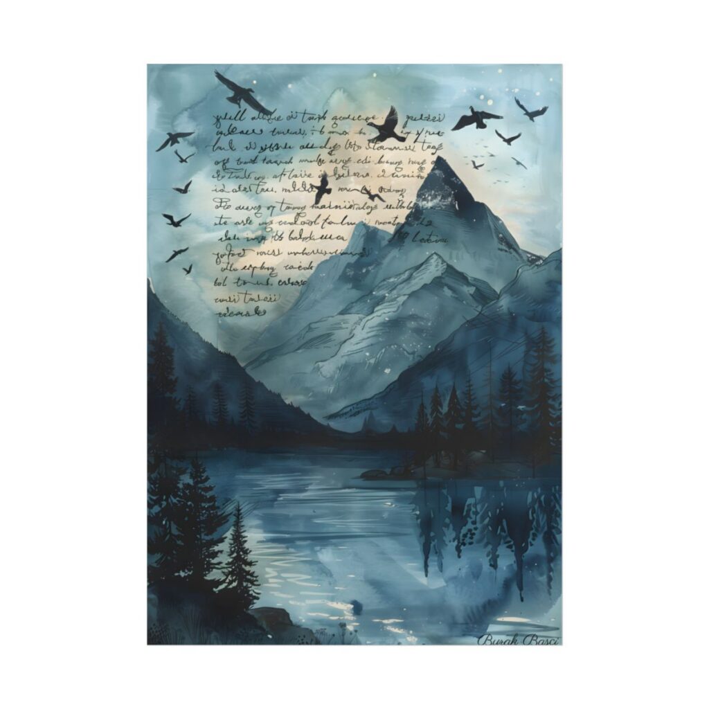 Vibrant Mountain Landscape: Birds in Flight Over Serene Lake - Poster
