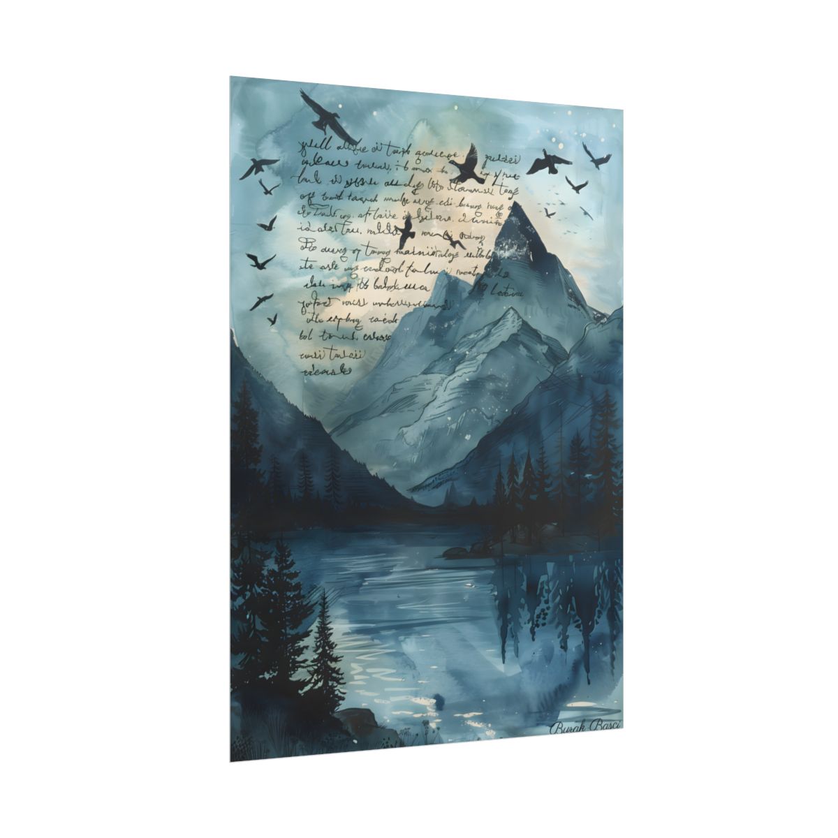 Vibrant Mountain Landscape: Birds in Flight Over Serene Lake - Poster