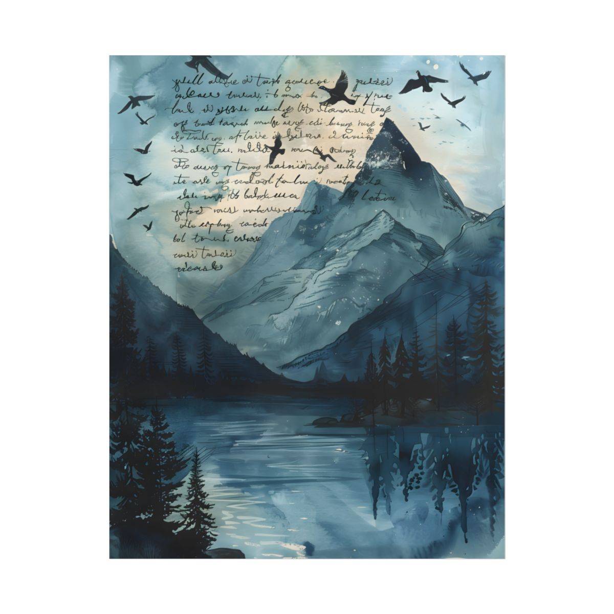 Vibrant Mountain Landscape: Birds in Flight Over Serene Lake - Poster