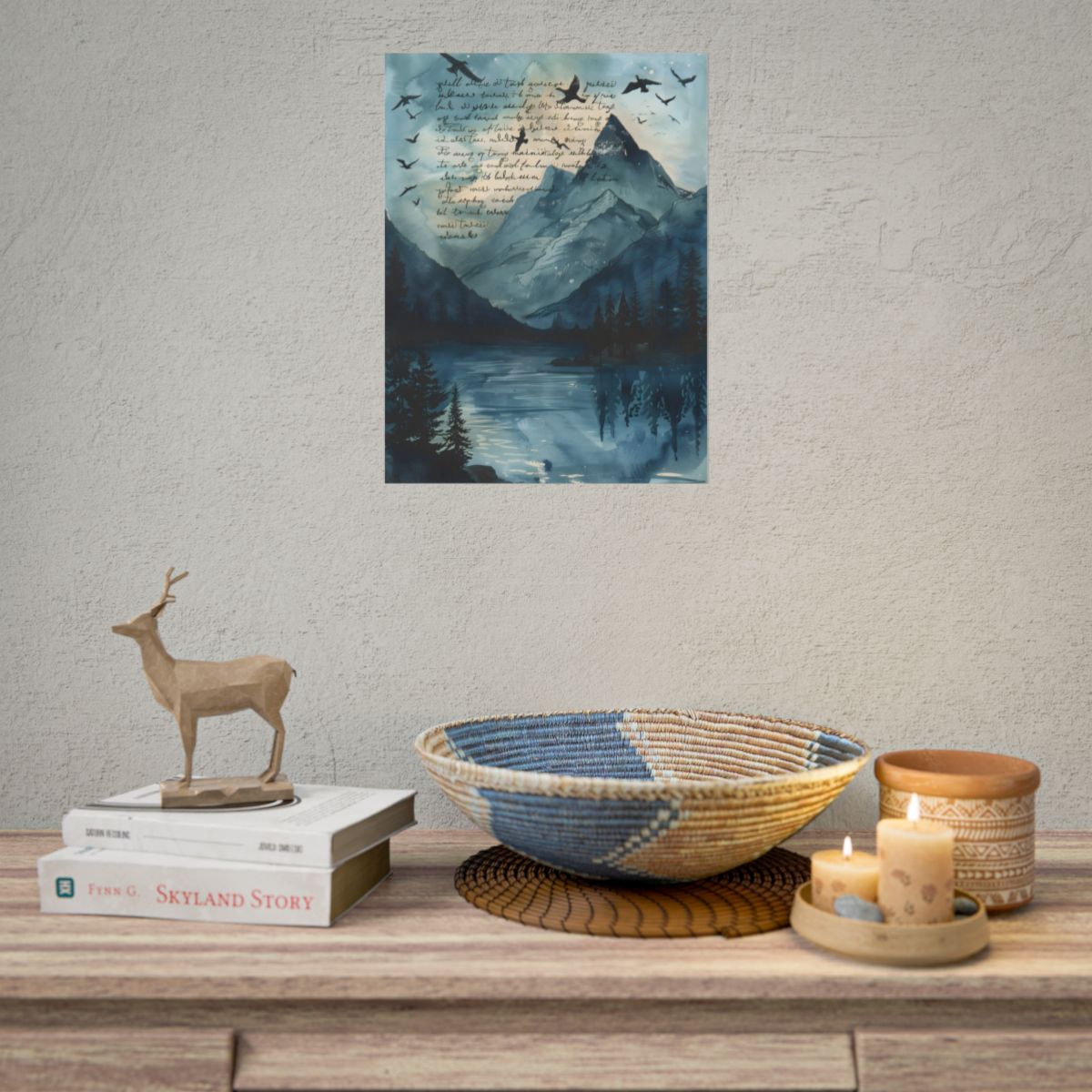Vibrant Mountain Landscape: Birds in Flight Over Serene Lake - Poster