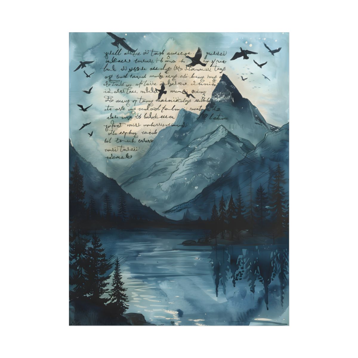 Vibrant Mountain Landscape: Birds in Flight Over Serene Lake - Poster