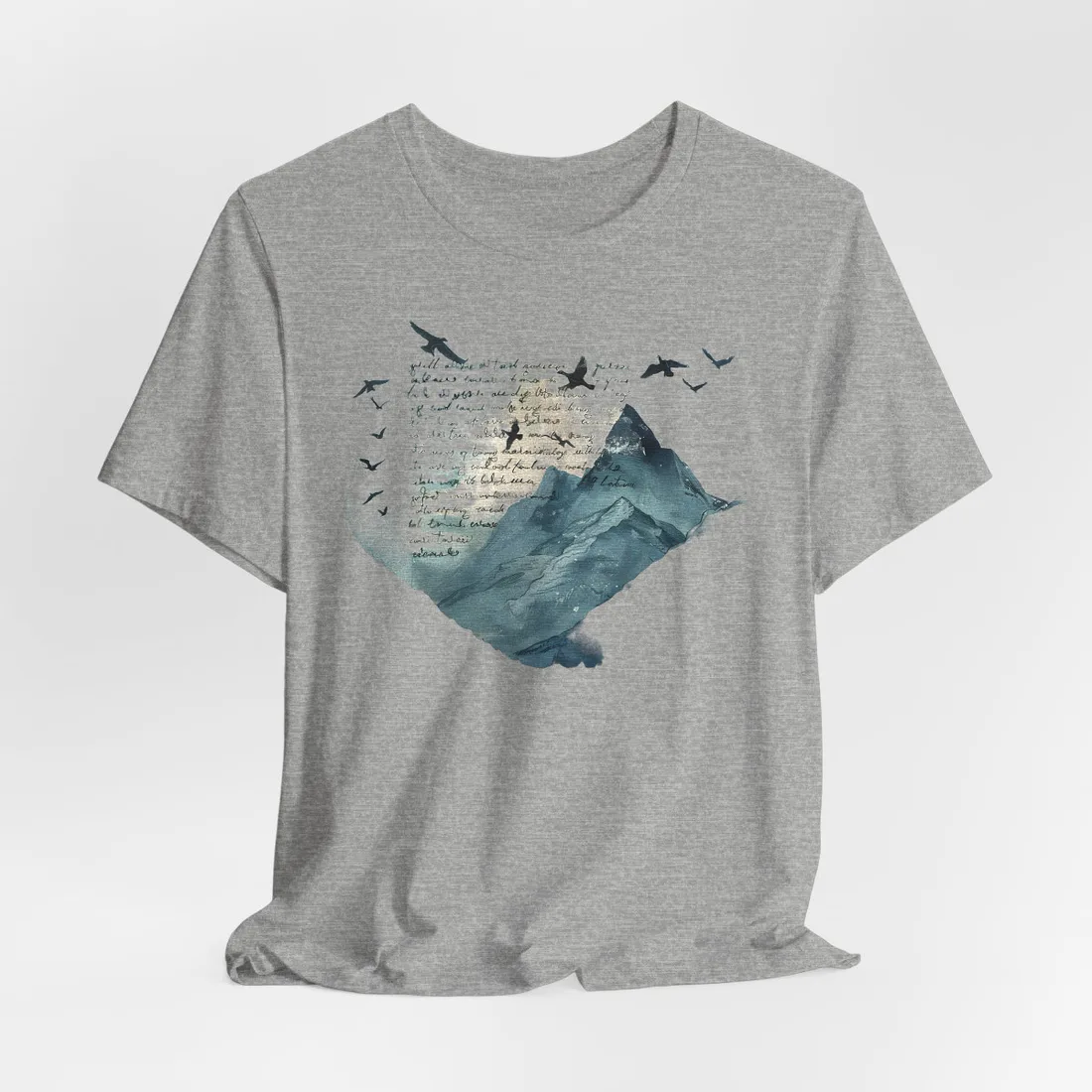 Vibrant Mountain Landscape: Birds in Flight Over Serene Lake - T-Shirt (Athletic Heather)