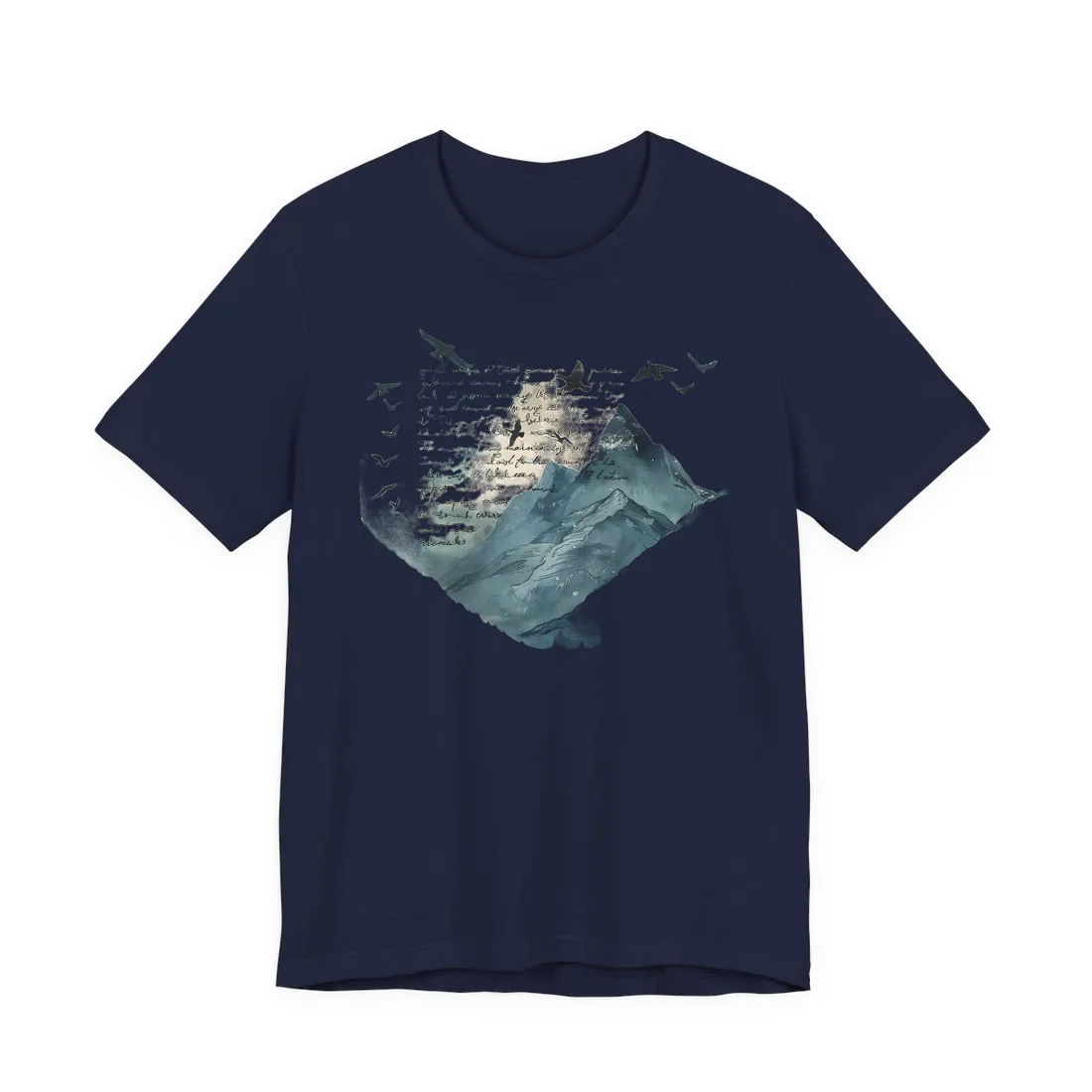 Vibrant Mountain Landscape: Birds in Flight Over Serene Lake - T-Shirt (Navy)