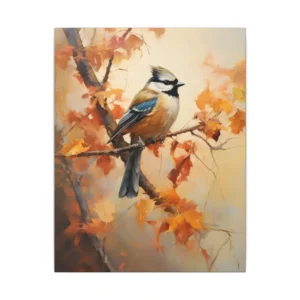 Crested Bird on Orange Leaves Canvas Print