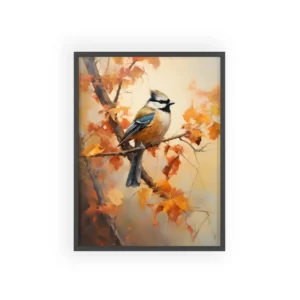 Crested Bird on Orange Leaves Framed Poster