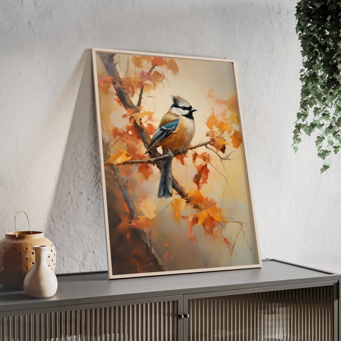 Vibrant Oak Branch: Colorful Leaves Oil Painting - Framed Poster