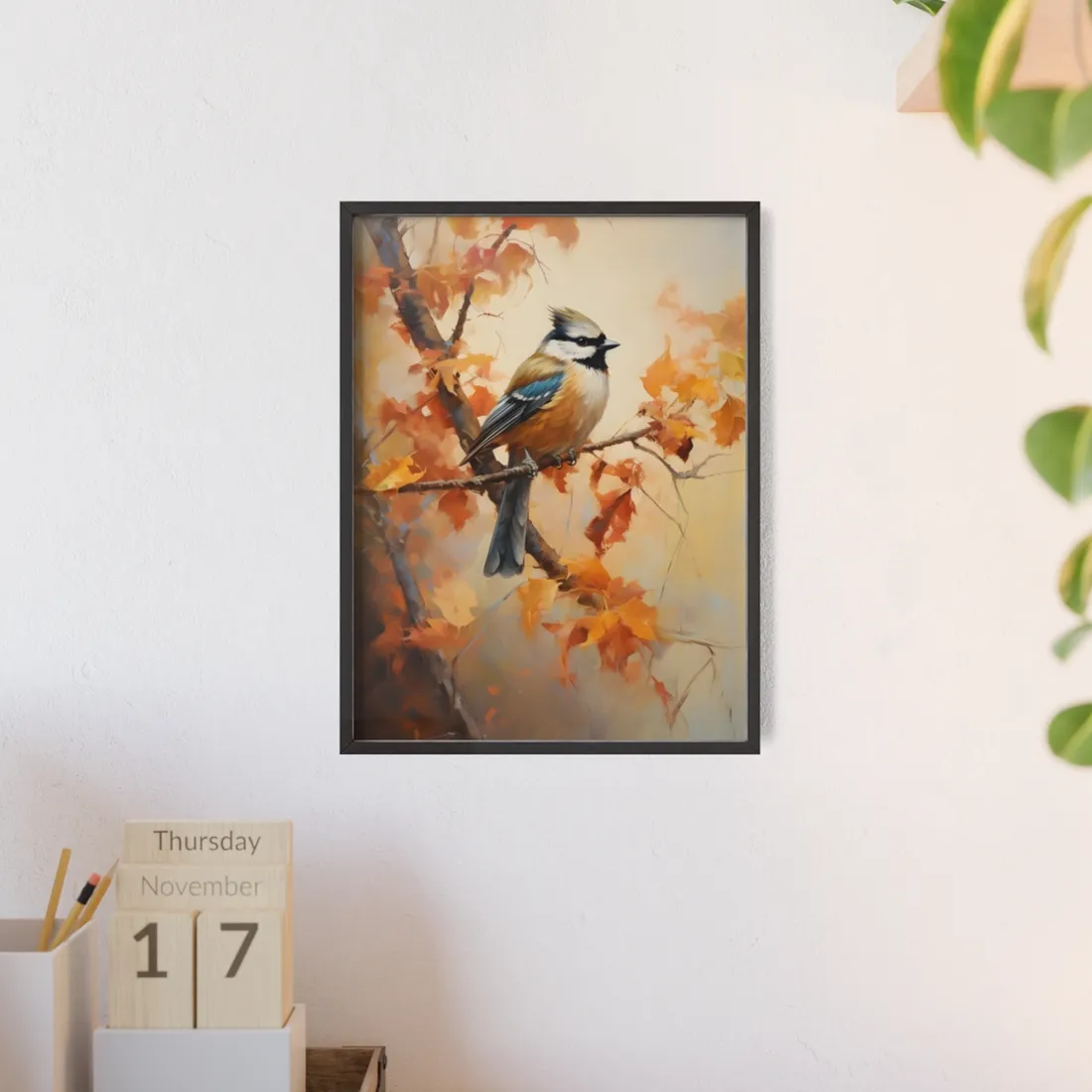 Vibrant Oak Branch: Colorful Leaves Oil Painting - Framed Poster