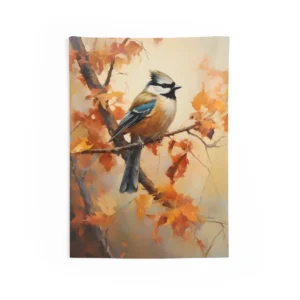 Crested Bird on Orange Leaves Wall Tapestry