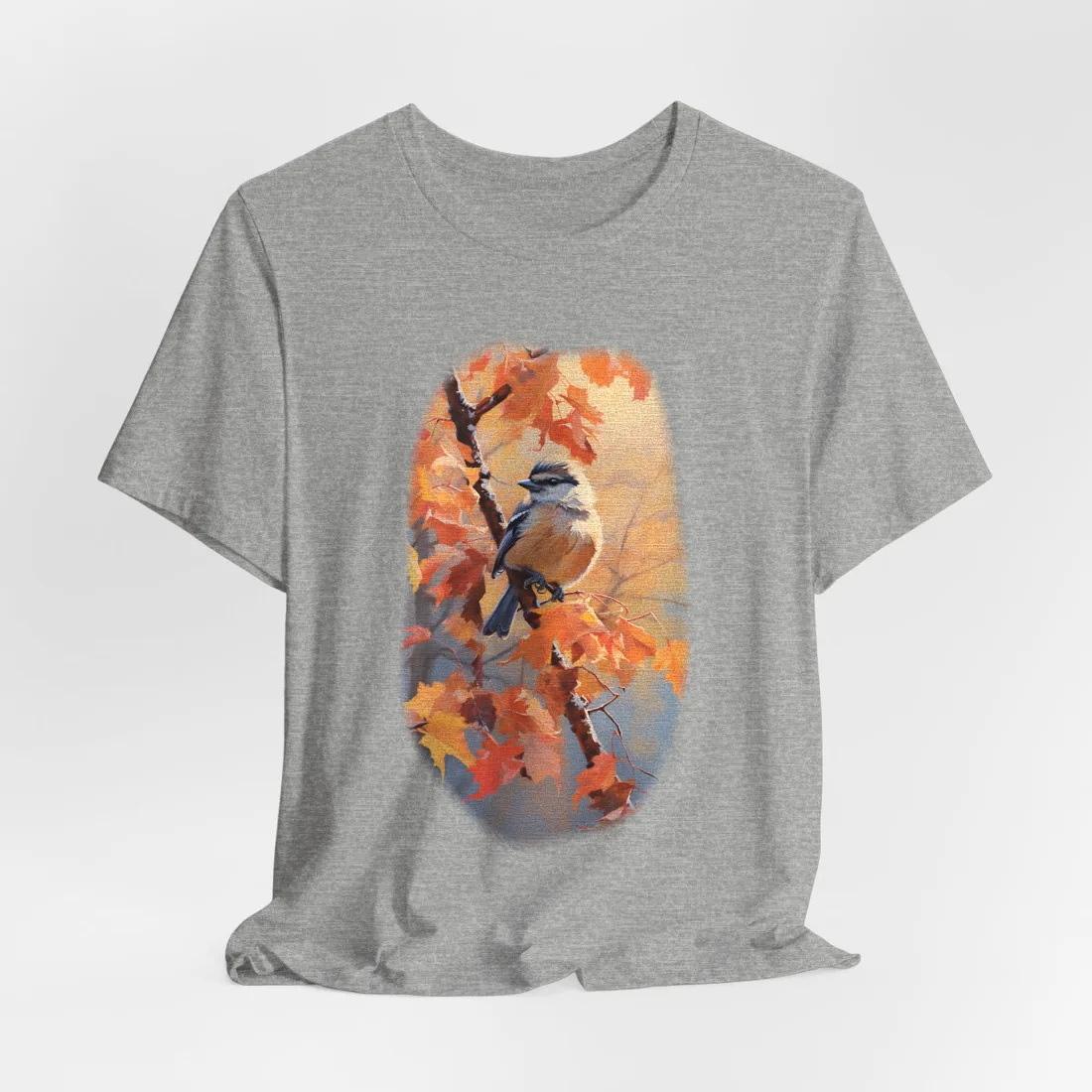 Chickadee on the Autumn Maple Branch: Oil Painting – T-Shirt, athletic heather