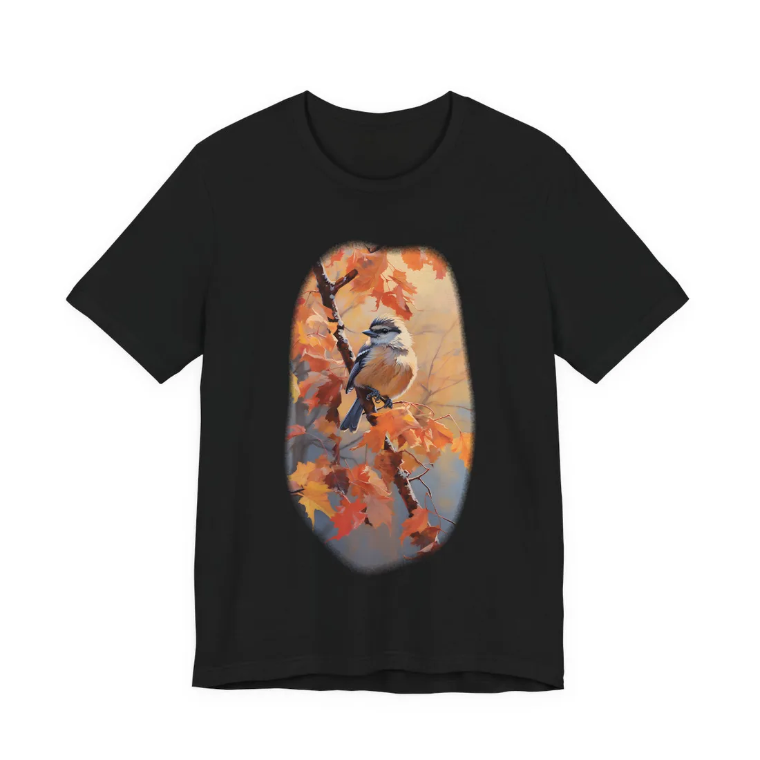 Chickadee on the Autumn Maple Branch: Oil Painting – T-Shirt, black
