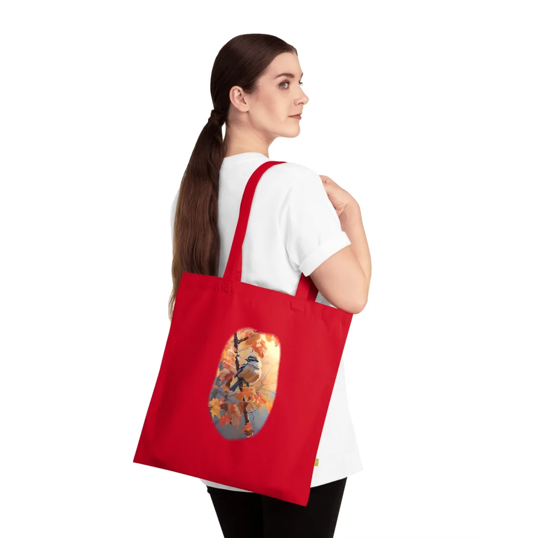 Chickadee on the Autumn Maple Branch: Oil Painting – Tote Bag, classic red