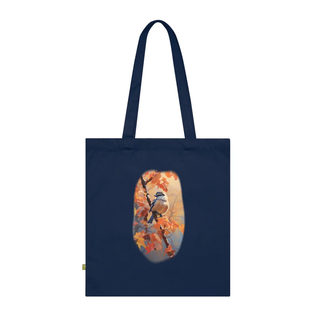 Chickadee on the Autumn Maple Branch: Oil Painting – Tote Bag, french navy