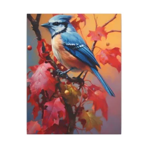 Blue Jay on Red Leaves Canvas Print