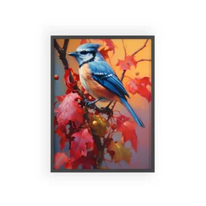 Blue Jay on Red Leaves Framed Poster