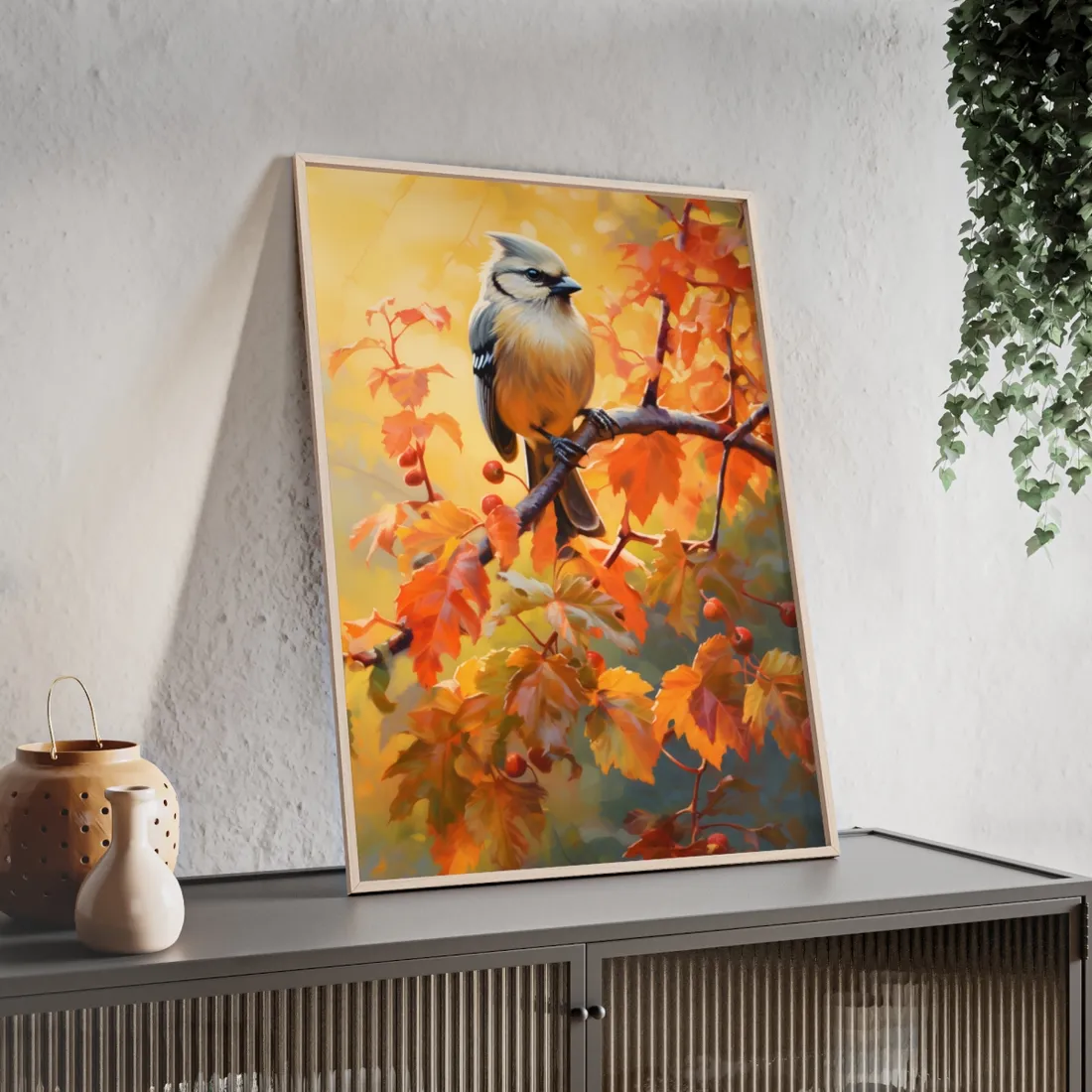 Vibrant Oak Branch: Oil Painting of Nature's Serenity - Framed Poster