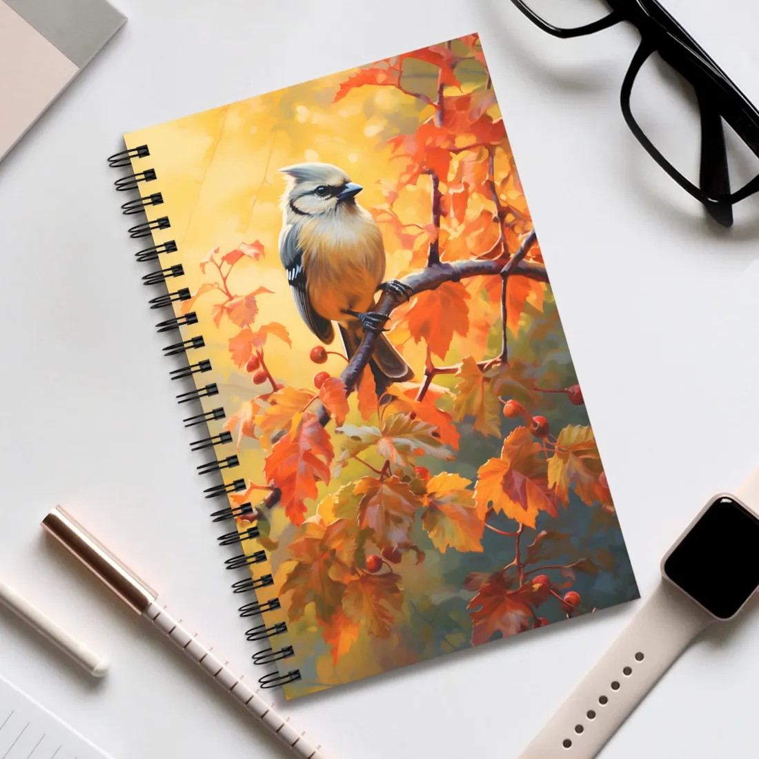 Vibrant Oak Branch: Oil Painting of Nature's Serenity - Spiral Notebook