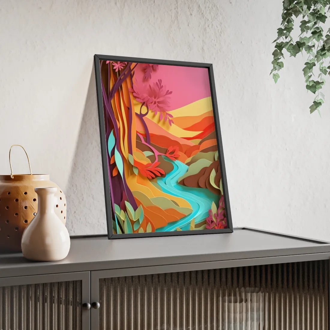 Vibrant Paper Quilled Canyon: Eye-Catching Landscape Art - Framed Poster