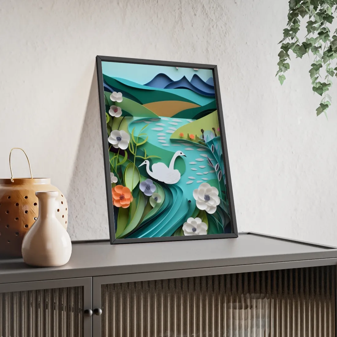 Vibrant Paper Quilling Island: A Beautiful Tropical Landscape - Framed Poster