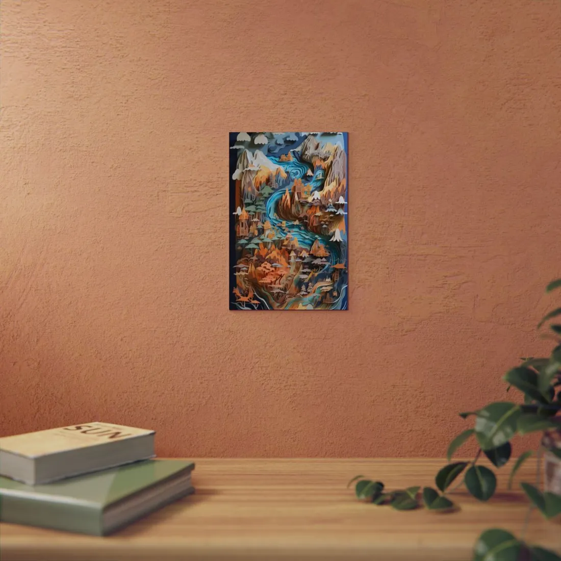 Vibrant Paper Quilling Paradise: Tropical Island Landscape with Colorful Flower - Metal Poster