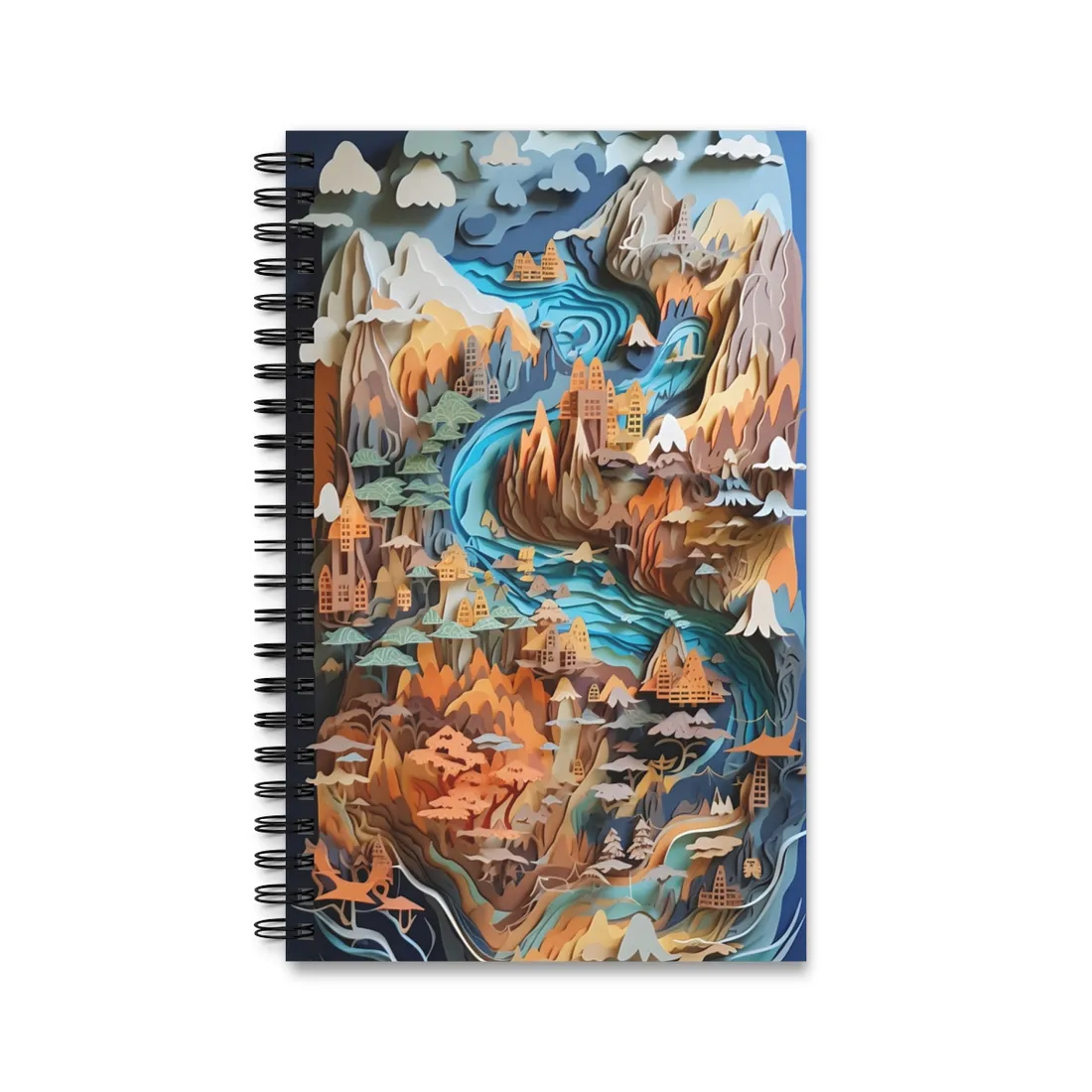 Vibrant Paper Quilling Paradise: Tropical Island Landscape with Colorful Flower - Spiral Notebook