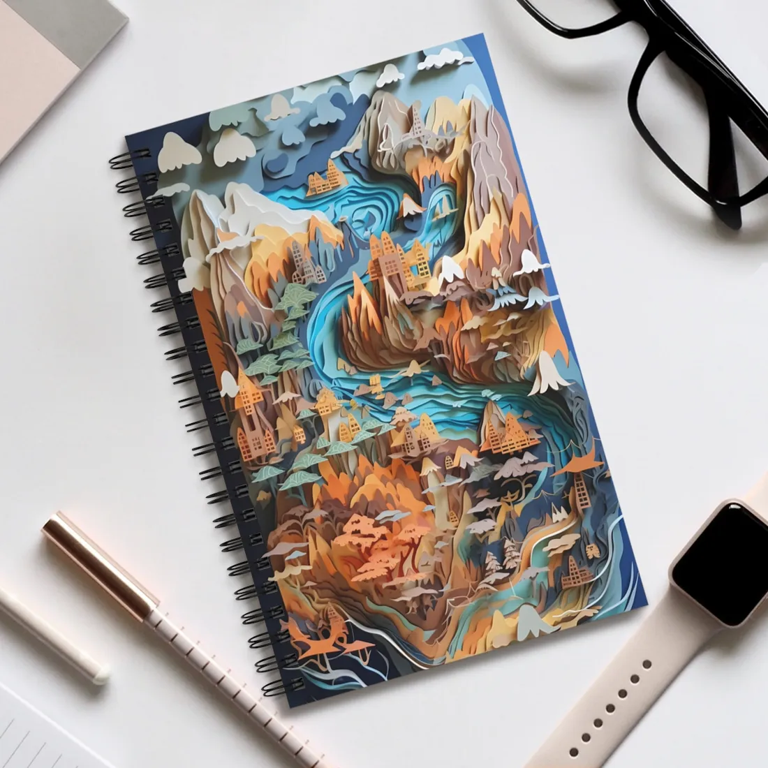 Vibrant Paper Quilling Paradise: Tropical Island Landscape with Colorful Flower - Spiral Notebook