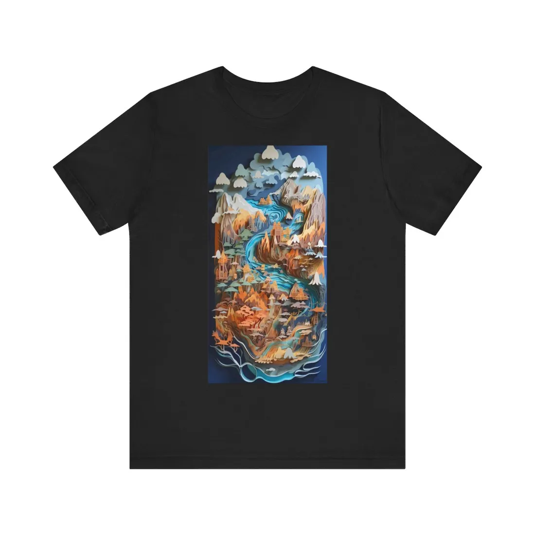 Vibrant Paper Quilling Paradise: Tropical Island Landscape with Colorful Flower - T-Shirt