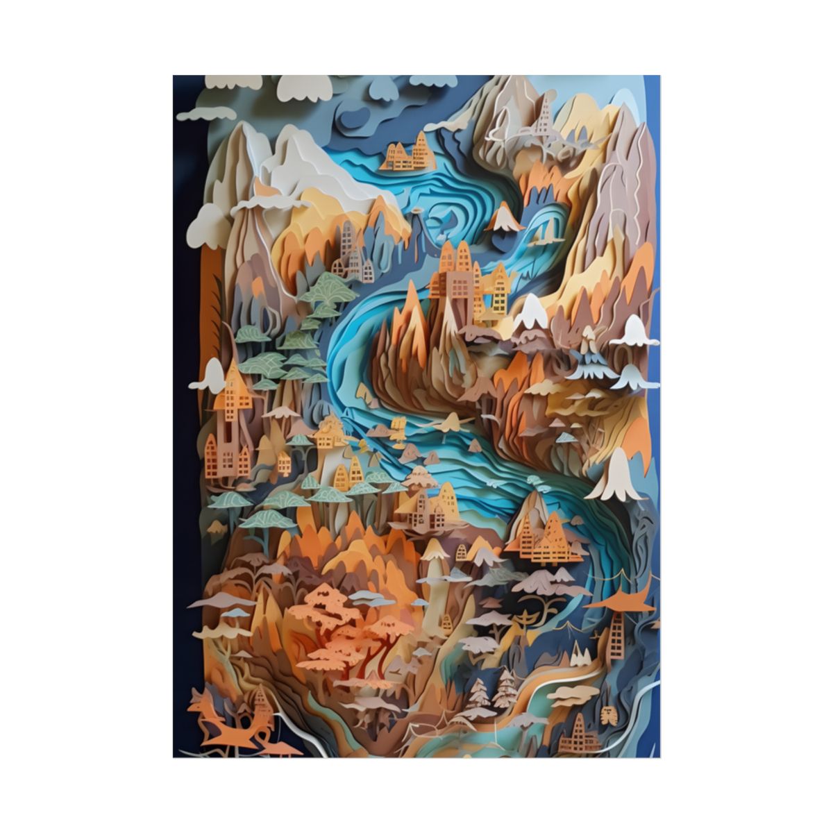 Vibrant Paper Quilling Paradise: Tropical Island Landscape with Colorful Flower - Poster