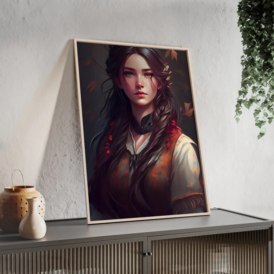 Vibrant Portrait: Brown Hair, Green Eyes - Framed Poster