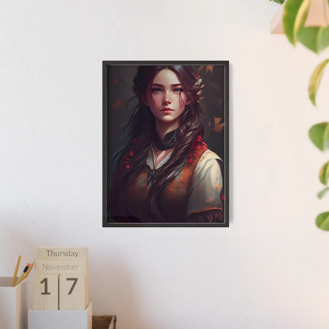 Vibrant Portrait: Brown Hair, Green Eyes - Framed Poster