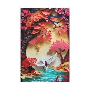 Cranes Beneath Pink Blossom Tree Canvas Print