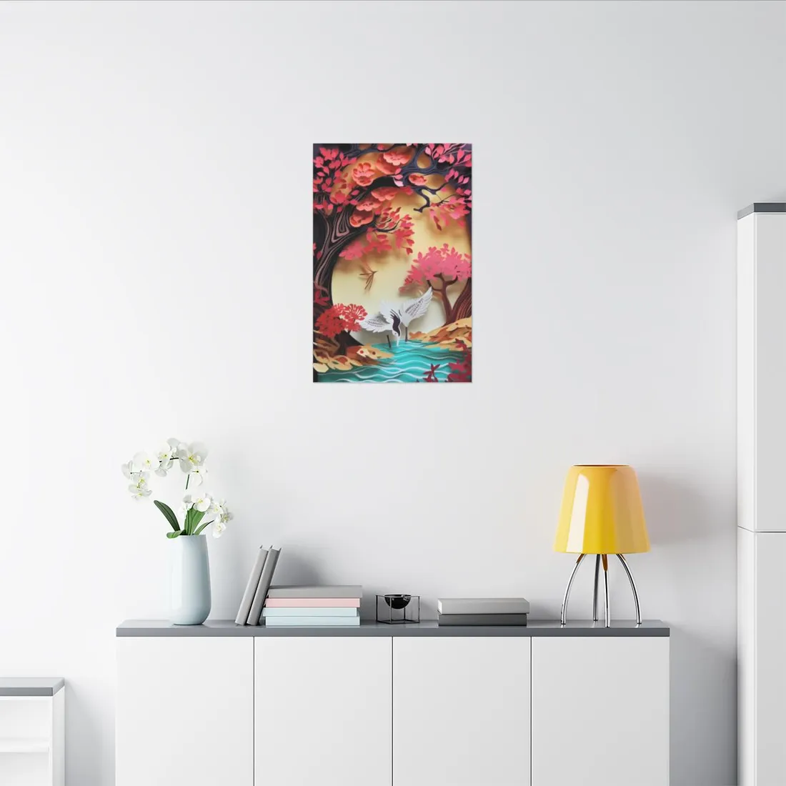 Vibrant Quilled Japanese Landscape: Rolling Hills and Mountains - Canvas