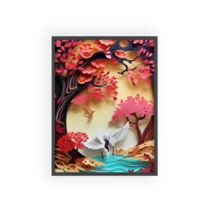 Cranes Beneath Pink Blossom Tree Framed Poster
