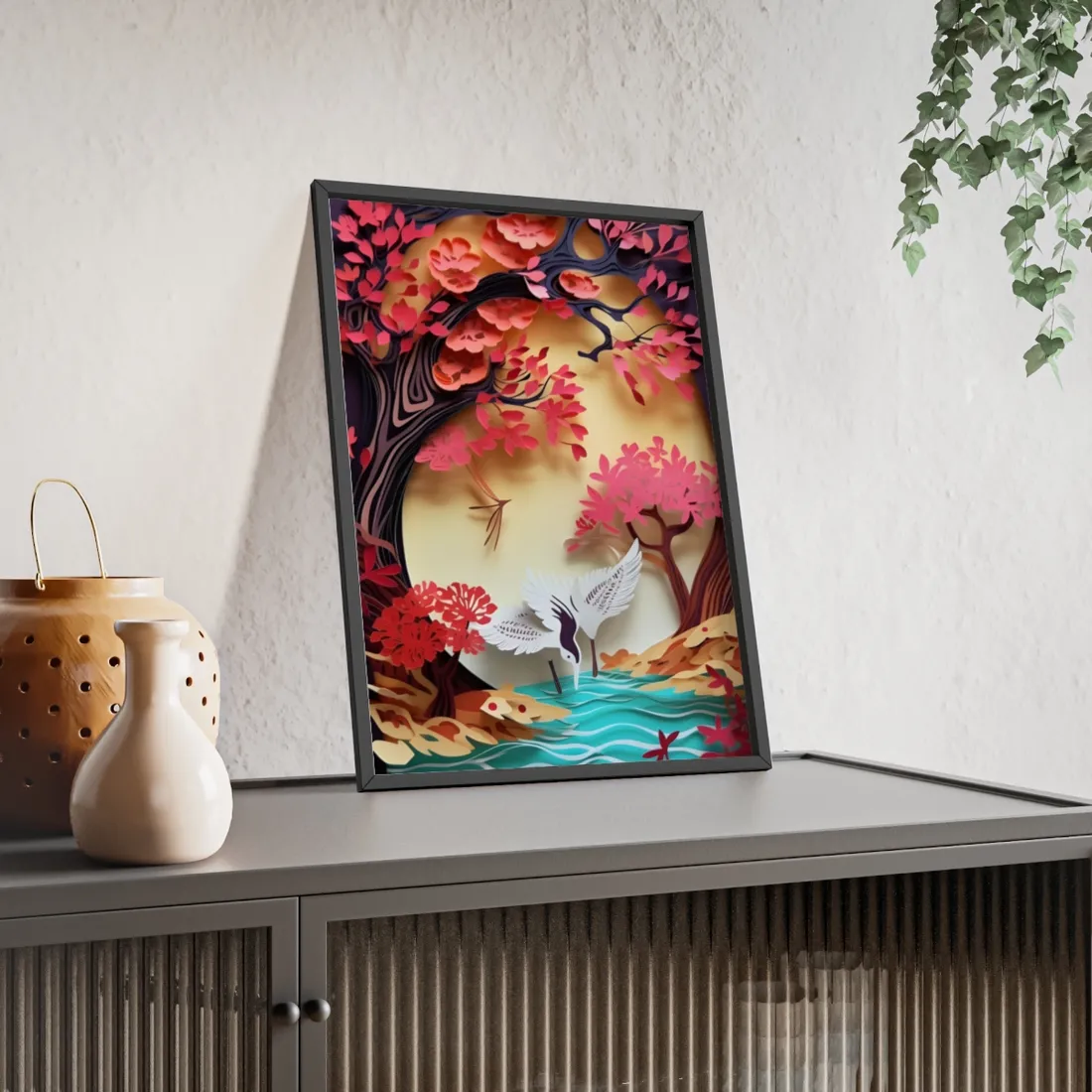 Vibrant Quilled Japanese Landscape: Rolling Hills and Mountains - Framed Poster
