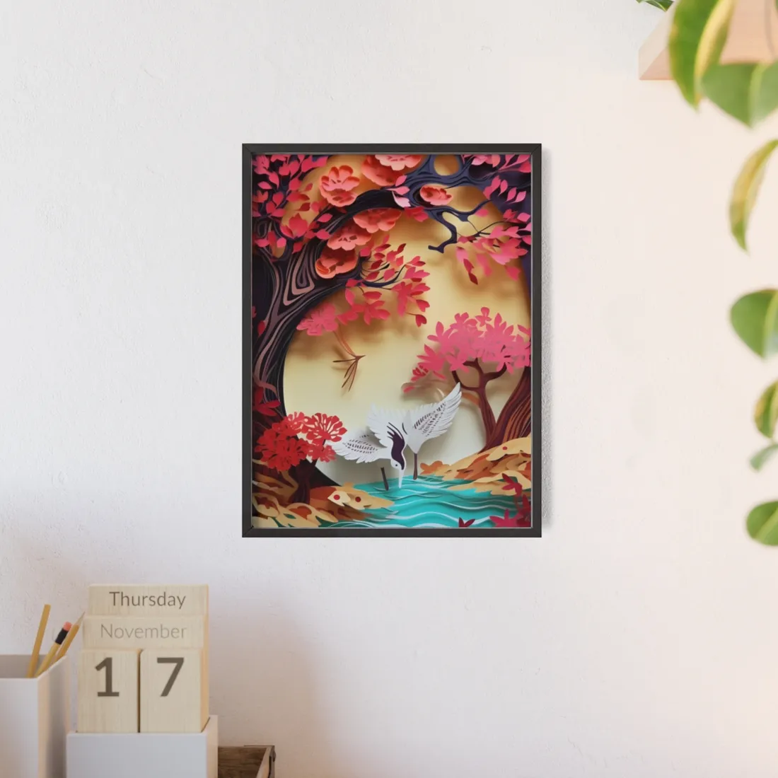 Vibrant Quilled Japanese Landscape: Rolling Hills and Mountains - Framed Poster
