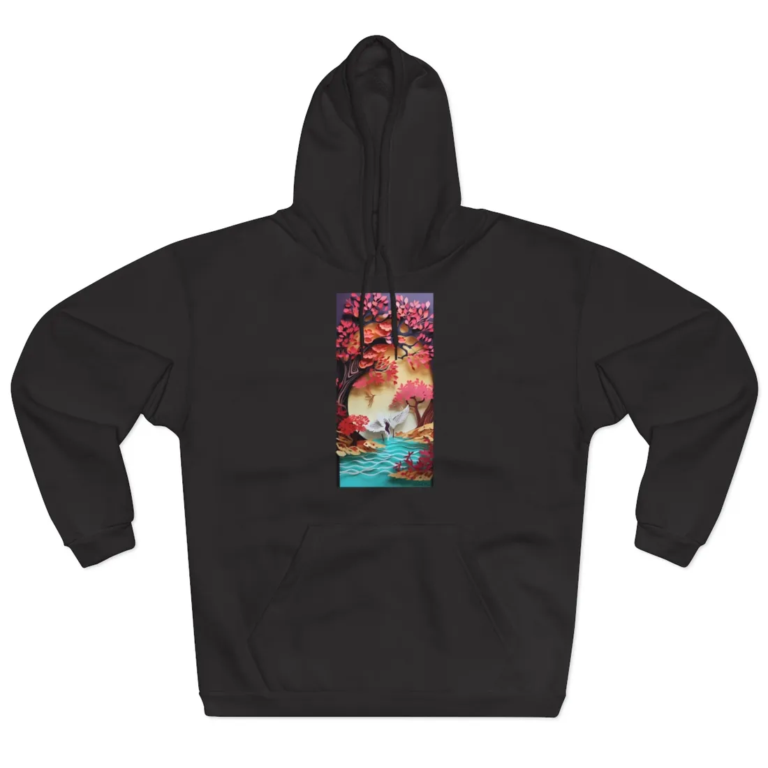 Vibrant Quilled Japanese Landscape: Rolling Hills and Mountains - Hoodie