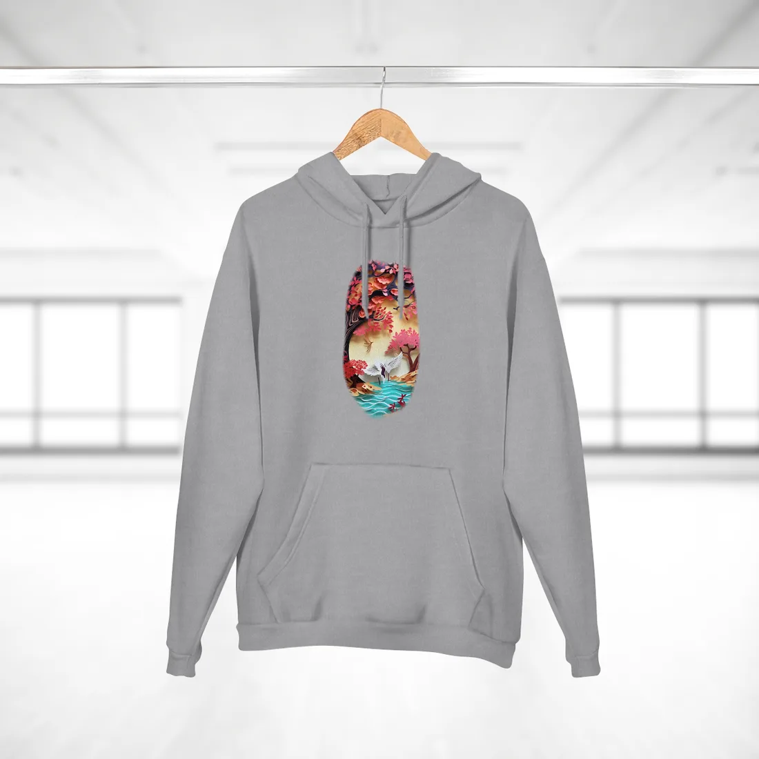 Cherry Blossom Branch with White Crane: Paper Quilled Nature Art – Hoodie, heather grey