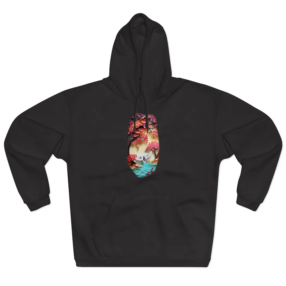 Cherry Blossom Branch with White Crane: Paper Quilled Nature Art – Hoodie, black