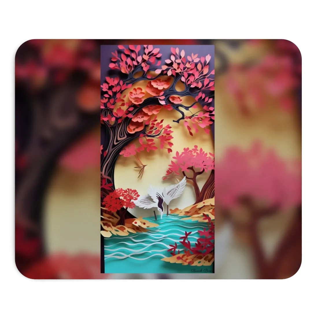 Vibrant Quilled Japanese Landscape: Rolling Hills and Mountains - Mouse Pad