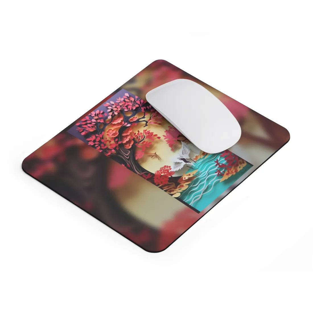 Vibrant Quilled Japanese Landscape: Rolling Hills and Mountains - Mouse Pad