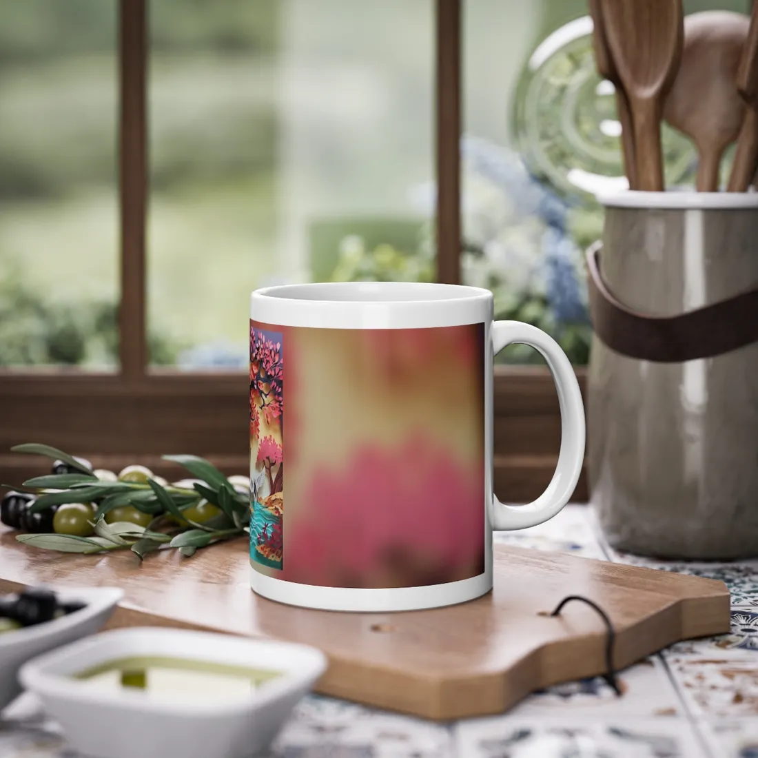 Vibrant Quilled Japanese Landscape: Rolling Hills and Mountains - Mug