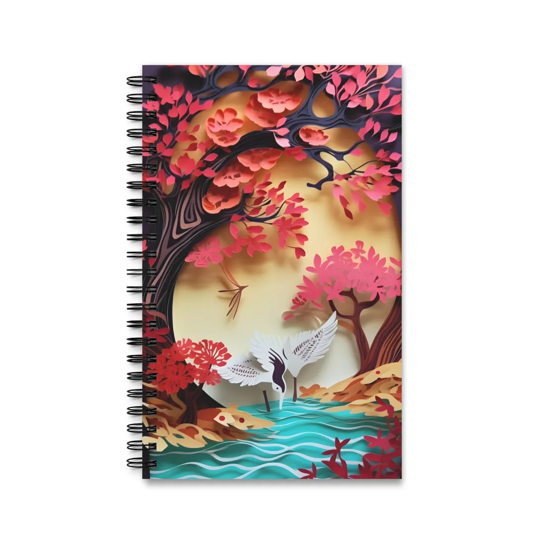 Vibrant Quilled Japanese Landscape: Rolling Hills and Mountains - Spiral Notebook