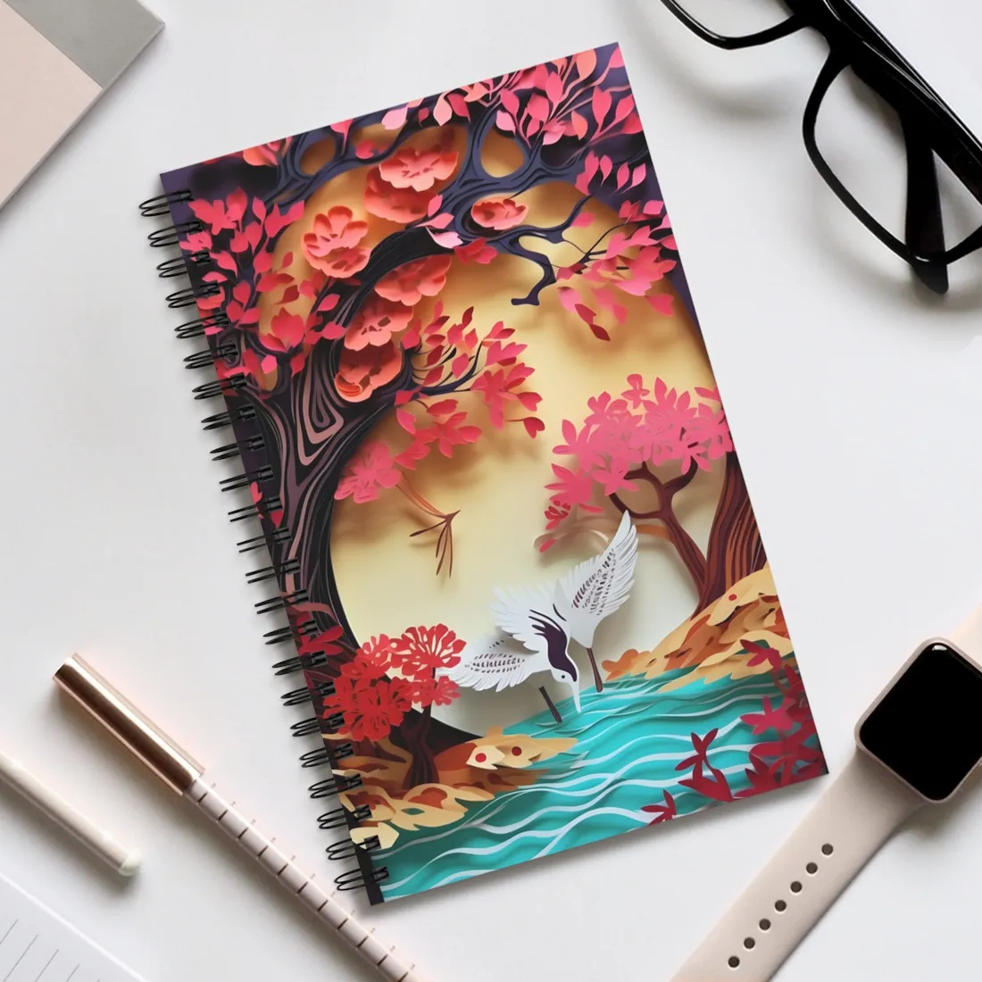 Vibrant Quilled Japanese Landscape: Rolling Hills and Mountains - Spiral Notebook