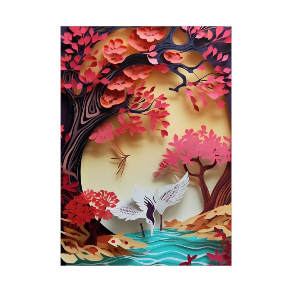 Vibrant Quilled Japanese Landscape: Rolling Hills and Mountains - Poster