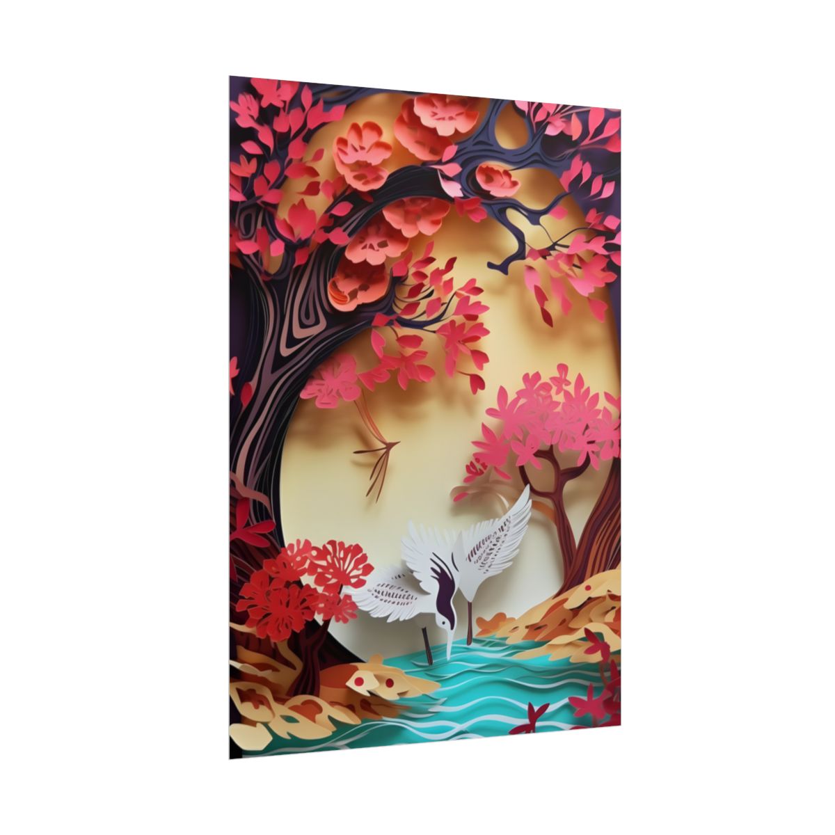 Vibrant Quilled Japanese Landscape: Rolling Hills and Mountains - Poster